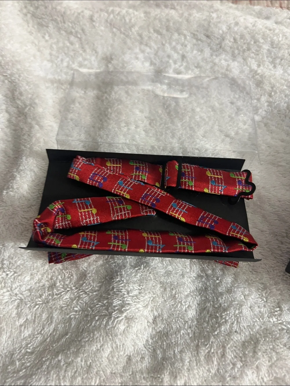 Tytus Ties Red Musical Notes Bow Tie with Treble Clef Accent
